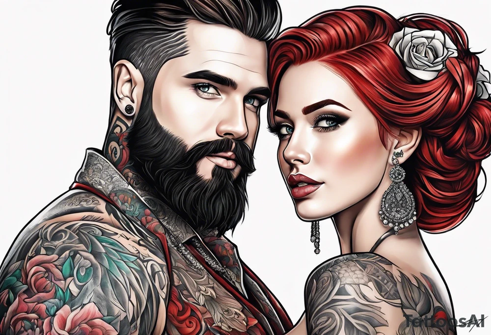 Busty red haired woman with a bearded man who has black hair getting married tattoo idea