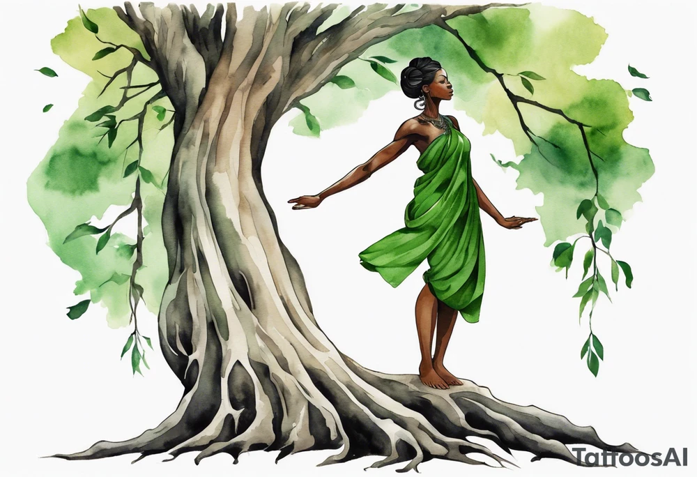 a tree trunk with roots that is a black woman from the waist up, feet made of tree roots, wearing a green tunic, arms stretched upwards towards the noon sun tattoo idea