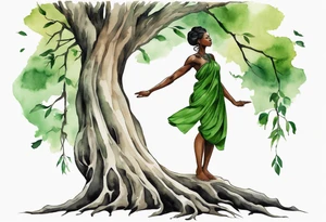 a tree trunk with roots that is a black woman from the waist up, feet made of tree roots, wearing a green tunic, arms stretched upwards towards the noon sun tattoo idea