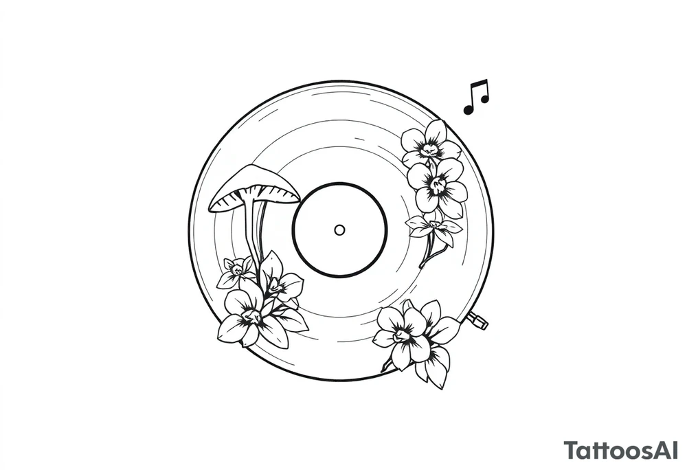 vinyl record player with mushrooms, orchids, and music notes around it tattoo idea