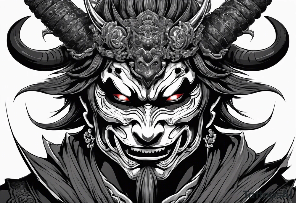 A Shinigami (Death God, reference - Shinigami from Naruto series) wearing Oni mask in profile (half face), heading towards the upside. He should  hold beads in hands and tanto in his motuh tattoo idea