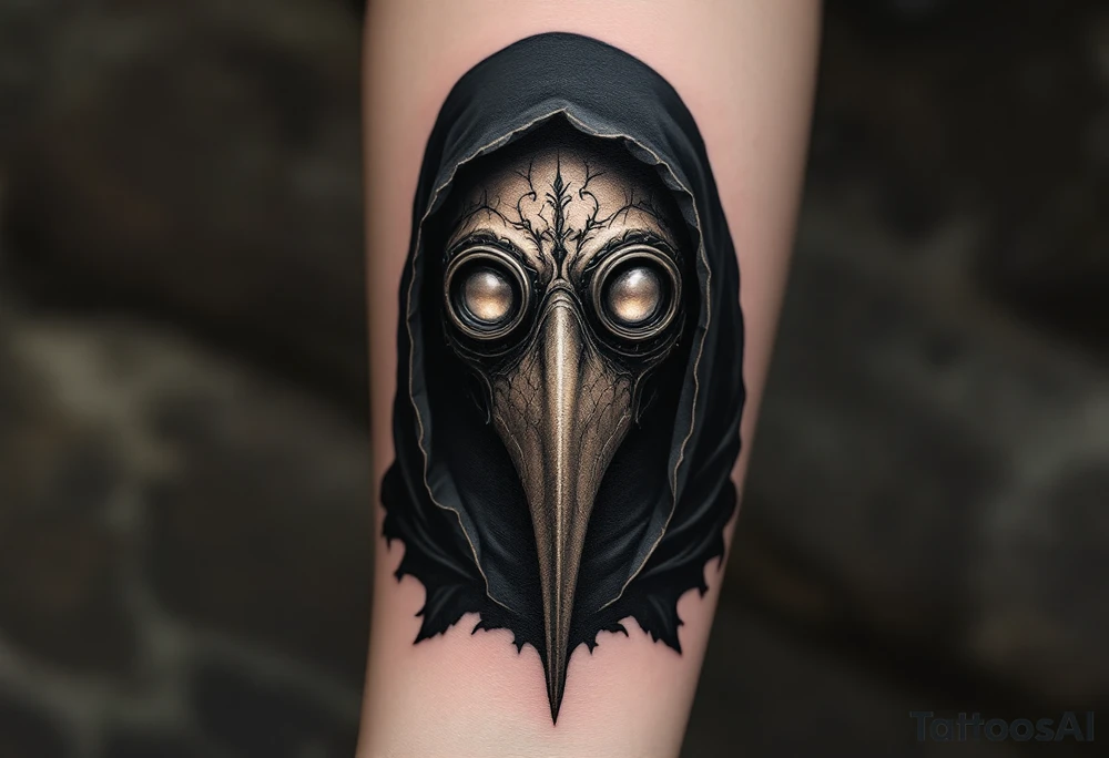 Dark Victorian Plague Doctor – A black-robed figure with a leather beaked mask and round glass eye lenses. The mask appears aged with cracks and faded brown leather tones, and the robe has intricate gothic stitching. tattoo idea