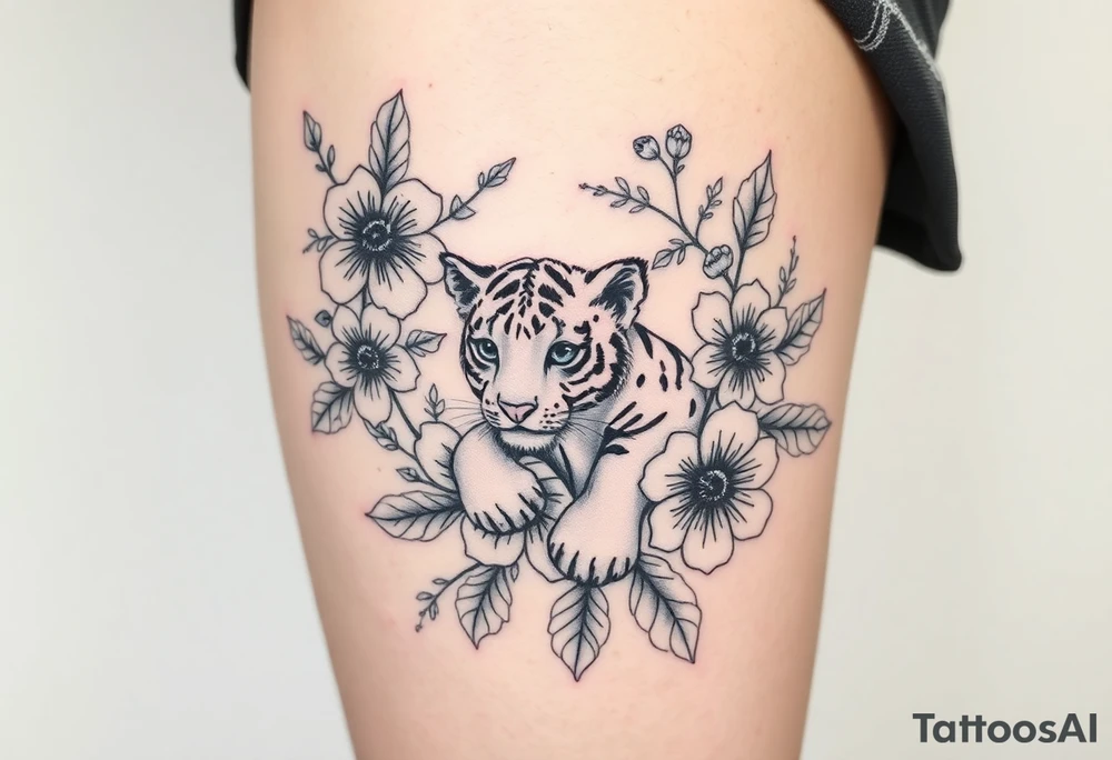 Floral tattoo with baby tiger in the flowers 🌺 tattoo idea