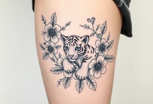 Floral tattoo with baby tiger in the flowers 🌺 tattoo idea