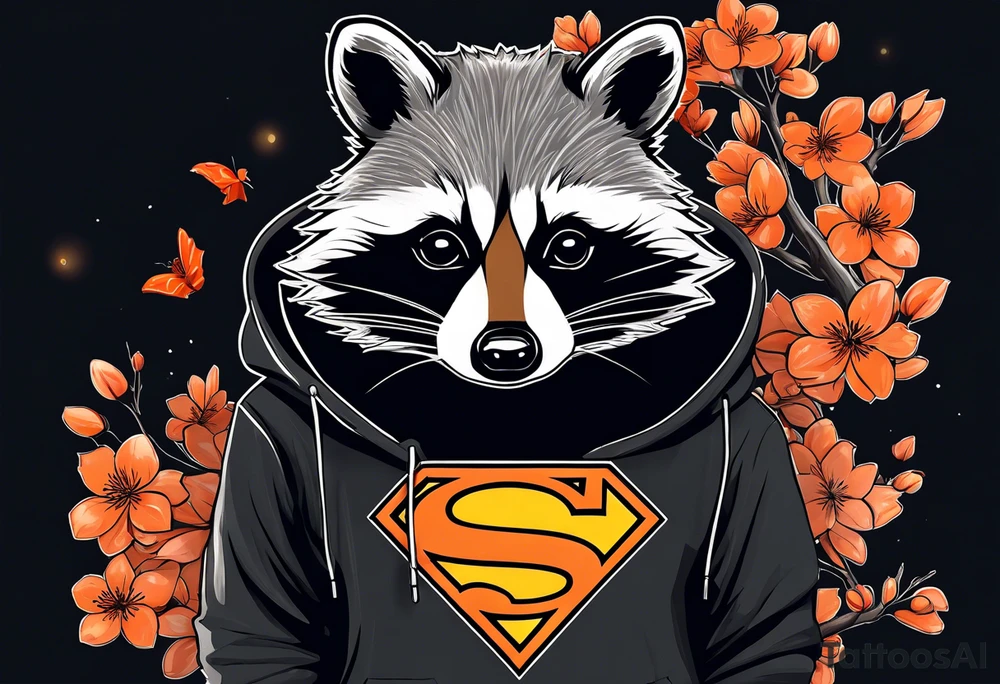 Raccoon wearing a white Superman logo on a black hoodie and orange Japanese cherry blossoms beside tattoo idea