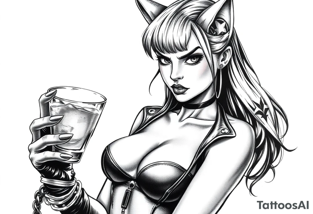naked catgirl, slut, angry, leather, holding cocktail tattoo idea