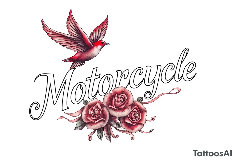 Motorcycle, red bird flying, roses and lace, flames tattoo idea