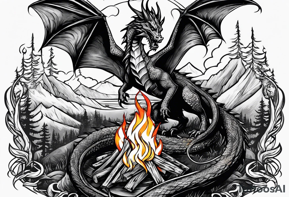 Campfire with a flame. The flame transforming into a dragon. Also the fire writes 'may death find you alive'. tattoo idea