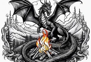 Campfire with a flame. The flame transforming into a dragon. Also the fire writes 'may death find you alive'. tattoo idea