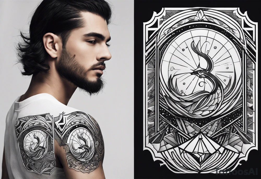 A tattoo on a males arm which has a straight black band but stops in the middle which has an imagine of the zodiac Aquarius. tattoo idea