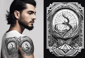 A tattoo on a males arm which has a straight black band but stops in the middle which has an imagine of the zodiac Aquarius. tattoo idea