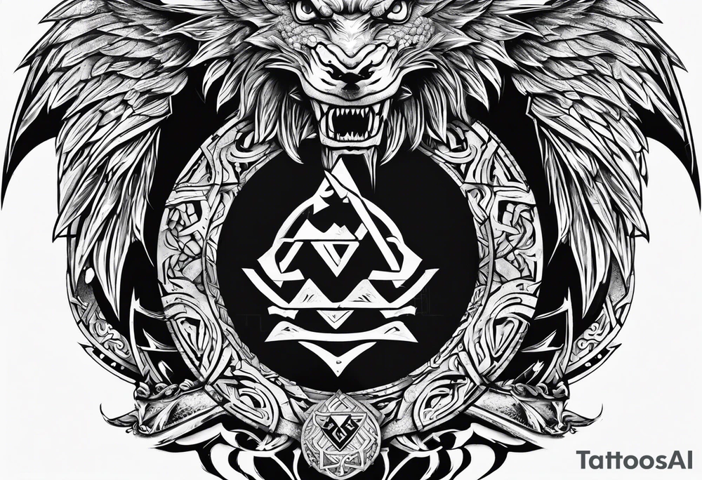 Valhalla sword shield dragon head axe Valknut tattoo idea