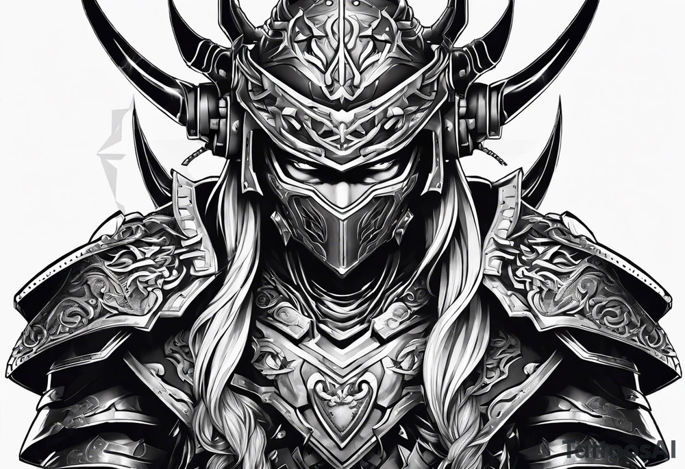 Angry Male Modern robot ninja with demon mask with swords in hands tattoo idea