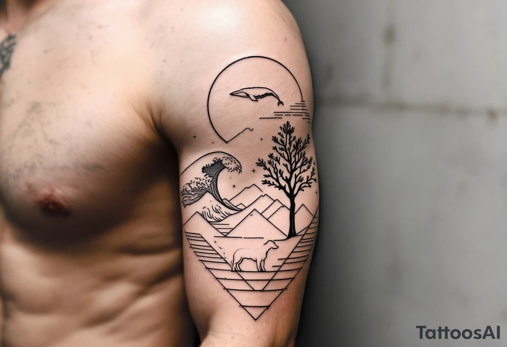 Fine line powerful ocean half sleeve with a wave, a whale, a Joshua tree, and a dog as separate elements with geometric patterns between them tattoo idea