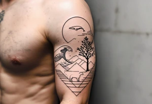 Fine line powerful ocean half sleeve with a wave, a whale, a Joshua tree, and a dog as separate elements with geometric patterns between them tattoo idea