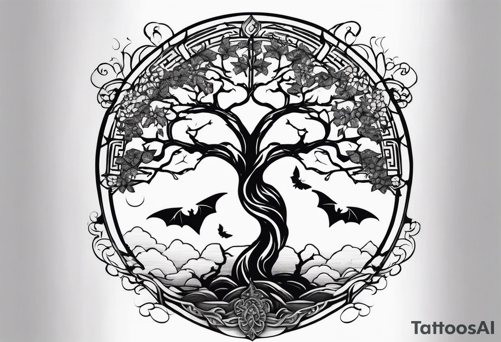 cross tree of life bats tattoo idea