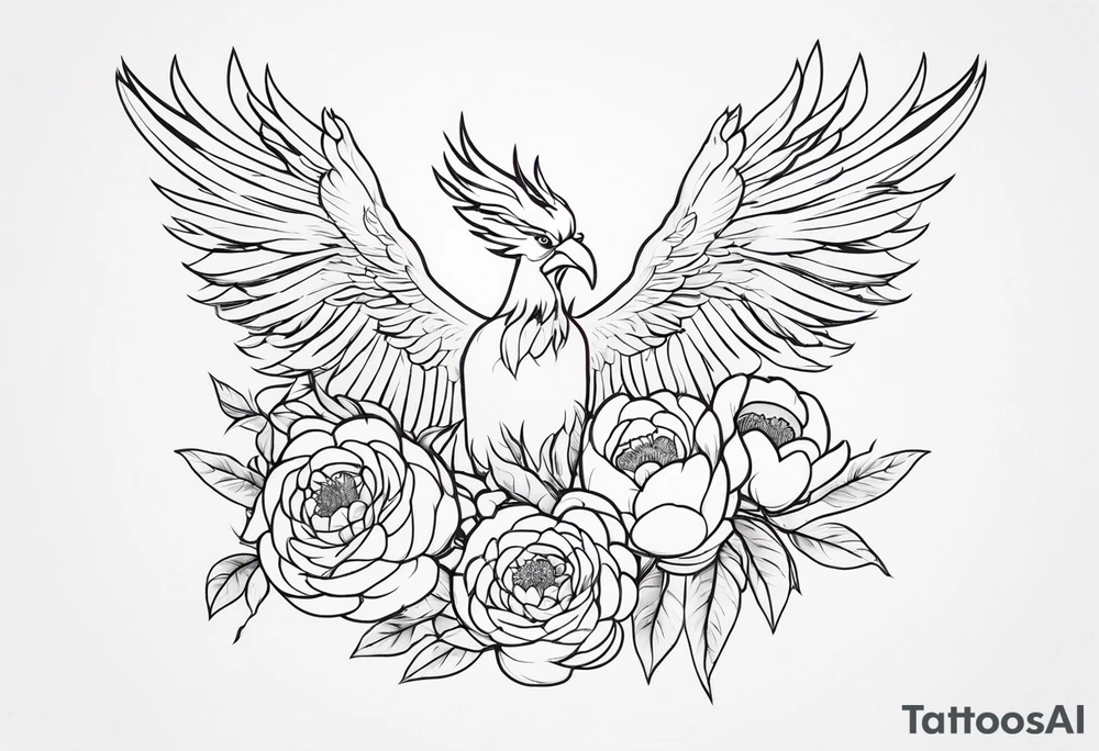 minimalist pheonix with peonies tattoo idea