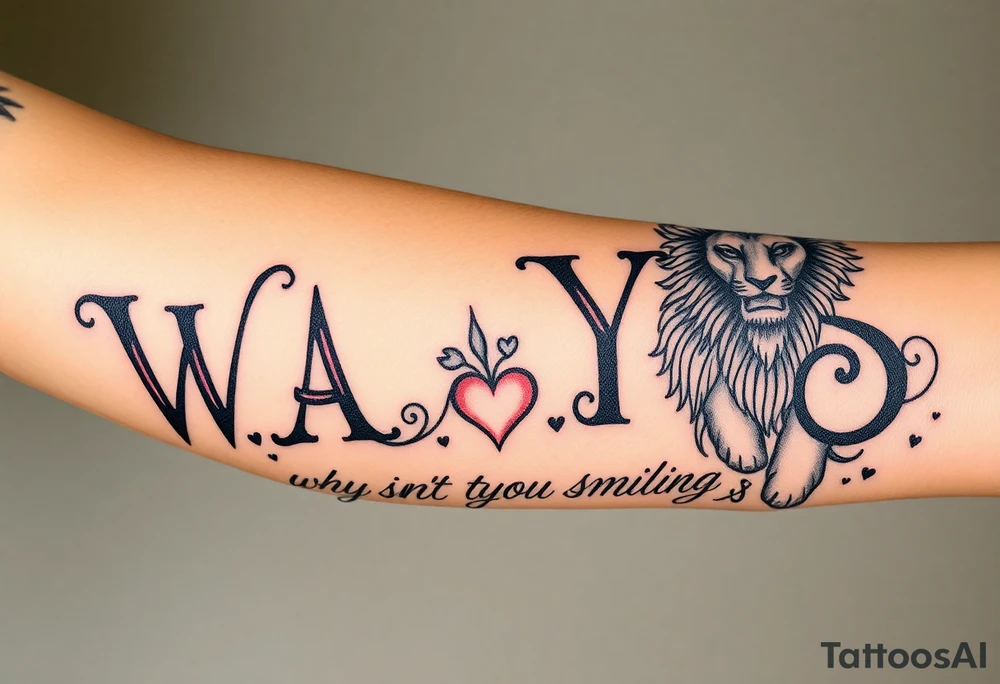 W.A.Y.S spelled out with why aren’t you smiling under neath it with hearts with 444 and a lion tattoo idea
