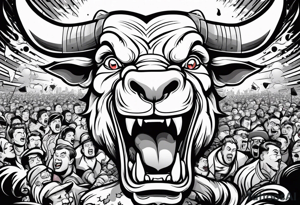 raging bull head busting through crowd tattoo idea