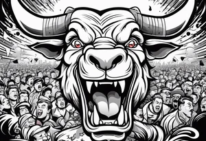 raging bull head busting through crowd tattoo idea