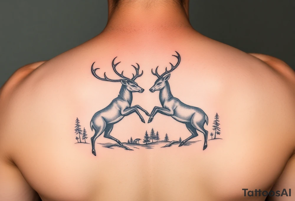 Photo realistic Vertical aligned nature scene with two deer fighting. tattoo idea