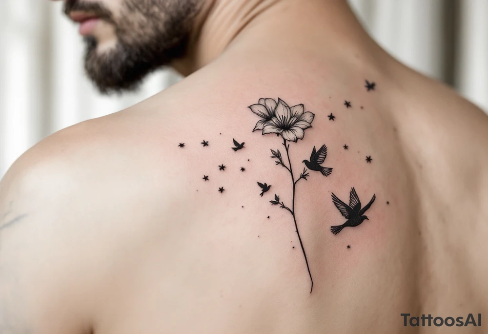 A wood violet blowing in the wind with pedals floating away turning into birds tattoo idea