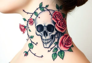 gothic skull intertwined with climbing roses and thorny vines tattoo idea