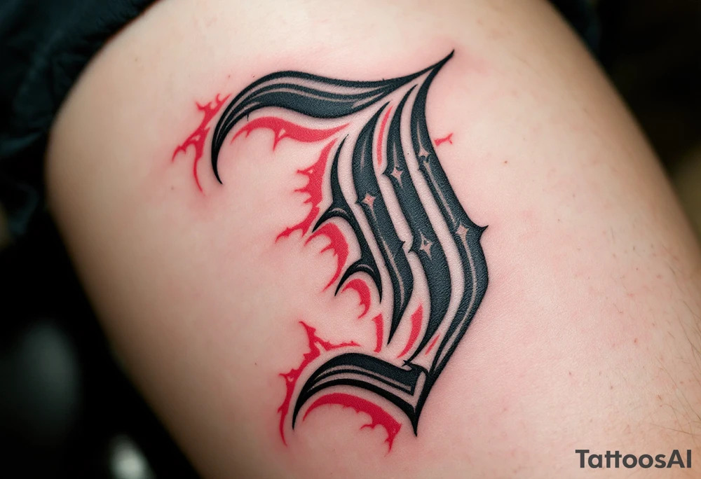 Old English "J" in iron black with crimson red drop shadows. tattoo idea
