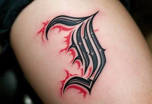 Old English "J" in iron black with crimson red drop shadows. tattoo idea