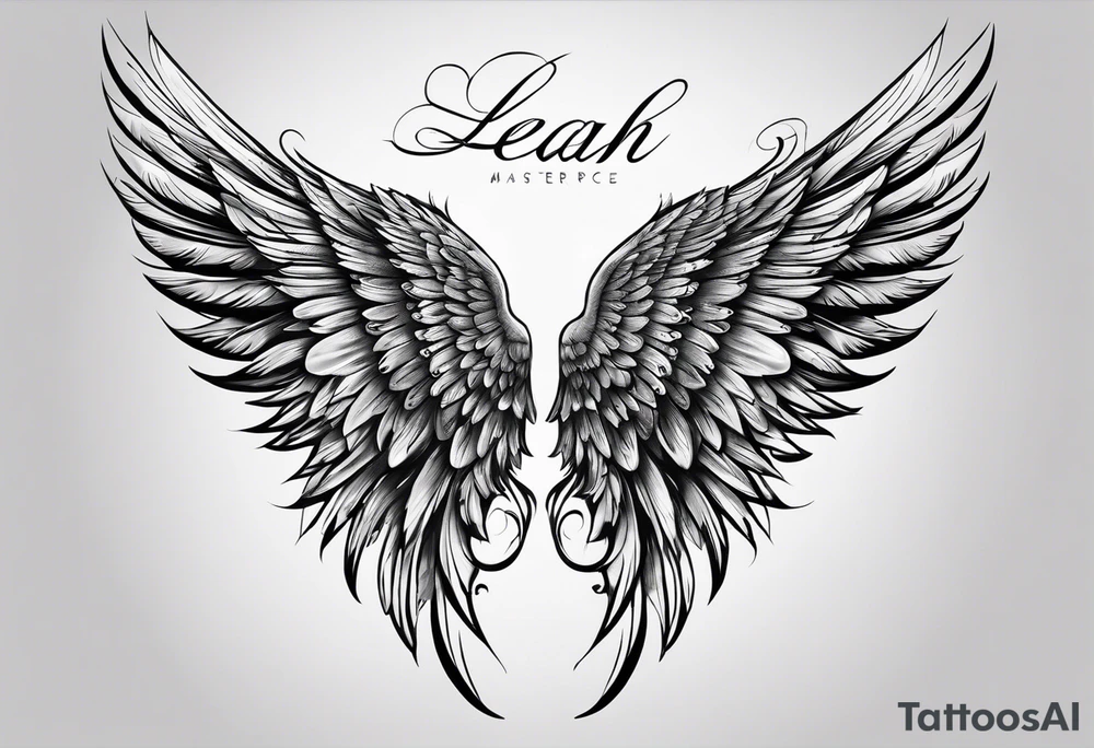 baby with one angel wing. Sided view so that we see only one wing. Name Leah written under in gothic letters. tattoo idea