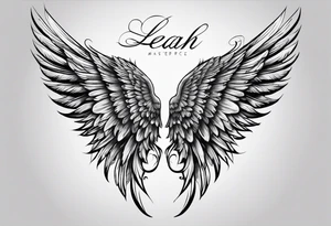 baby with one angel wing. Sided view so that we see only one wing. Name Leah written under in gothic letters. tattoo idea