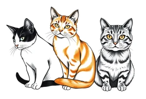 three cats, one black and white cat, one orange and white cat and one grey tabby cat tattoo idea