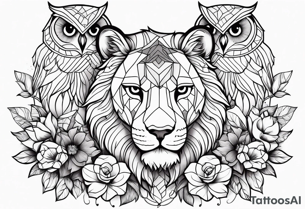 lionesses and an owl with flowers tattoo idea