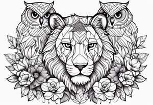 lionesses and an owl with flowers tattoo idea
