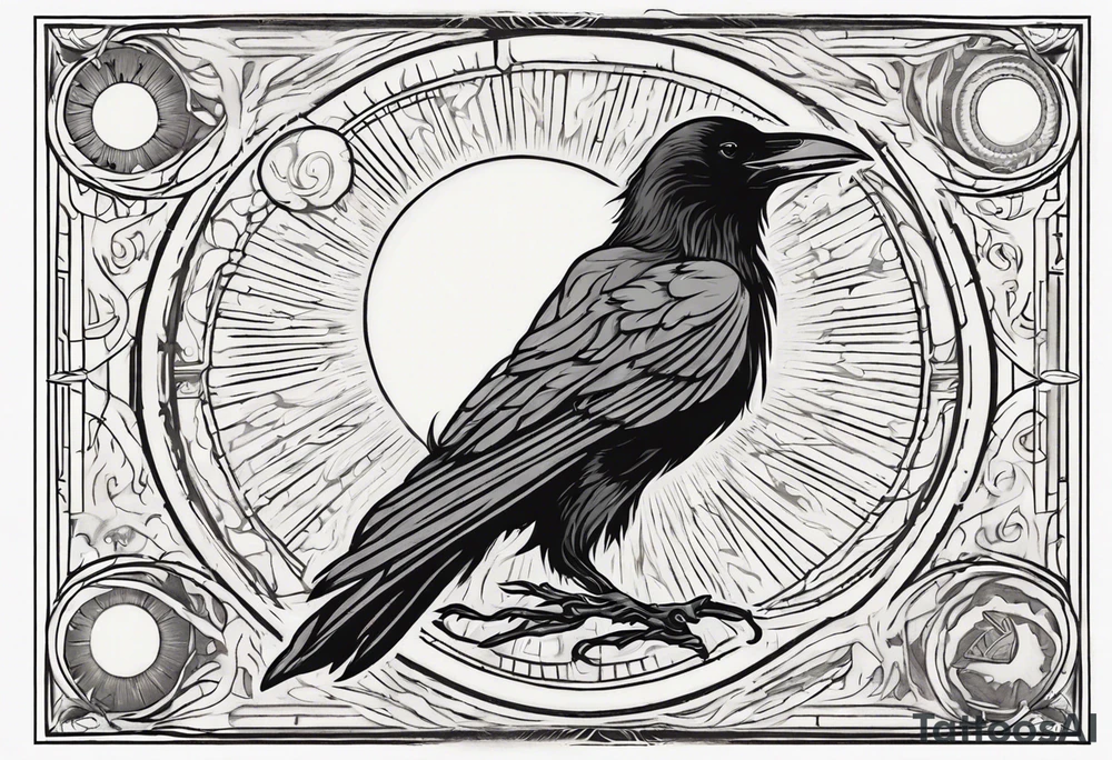 Cunning Raven with the Sun. Vertical Tarot card. tattoo idea