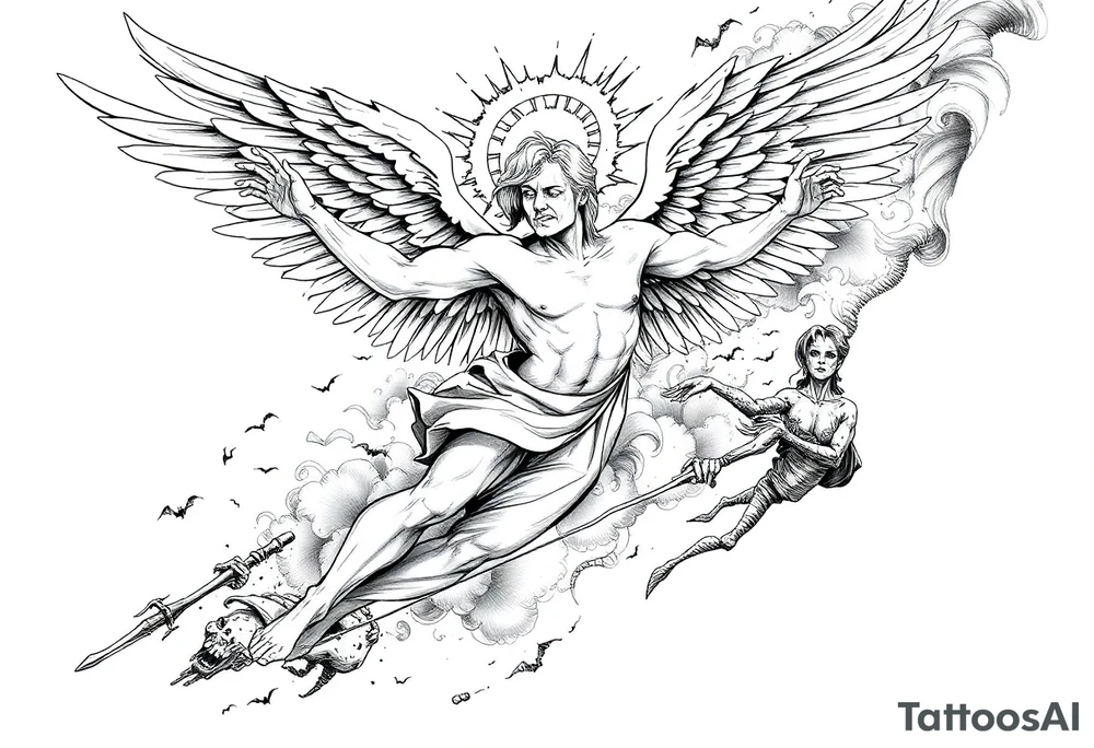 A fallen angel falling from heaven to hell , his wings catch fire and partially burn his halo breaks, Demons and dead souls reach out for him, he has a demon women by his side as he falls tattoo idea