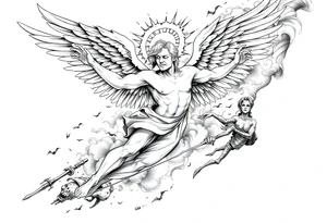 A fallen angel falling from heaven to hell , his wings catch fire and partially burn his halo breaks, Demons and dead souls reach out for him, he has a demon women by his side as he falls tattoo idea