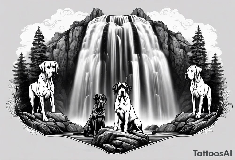 Arm sleeve- with four Great Danes in front of waterfall tattoo idea