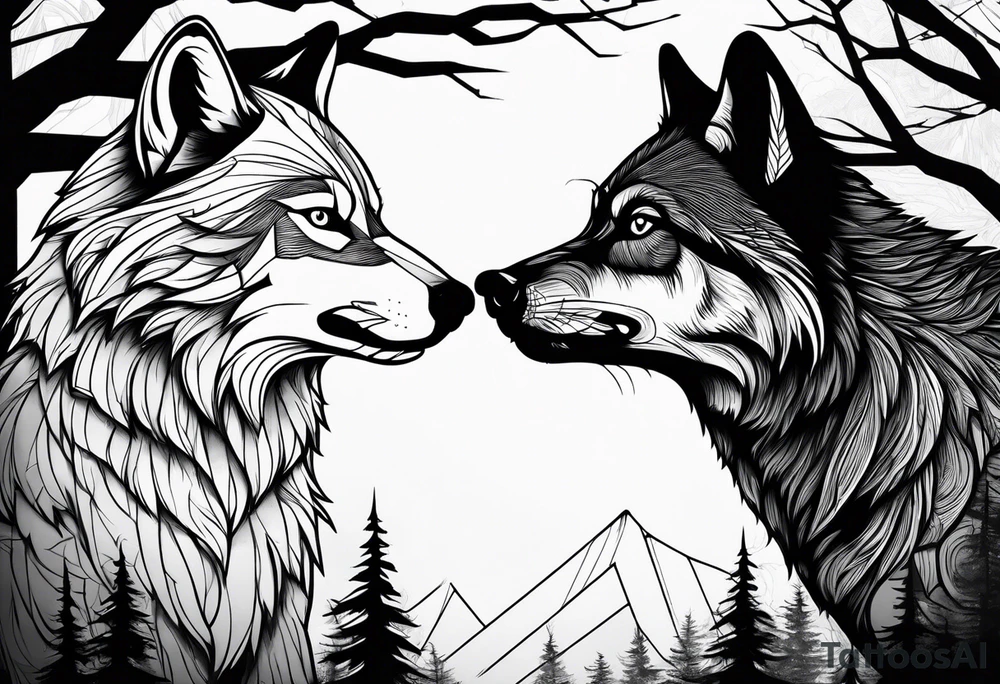 fight between Wolf and raccoon
Background Woods tattoo idea