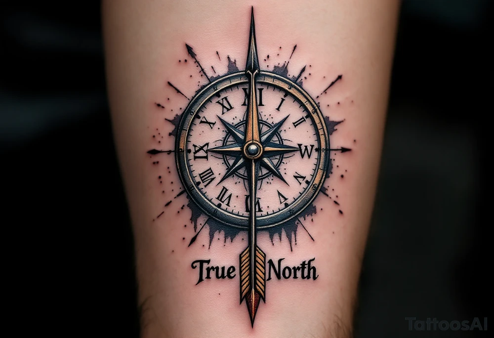 Rustic half compass half clock with and long native American arrow pointing at my wrist with the words “True North” tattoo idea