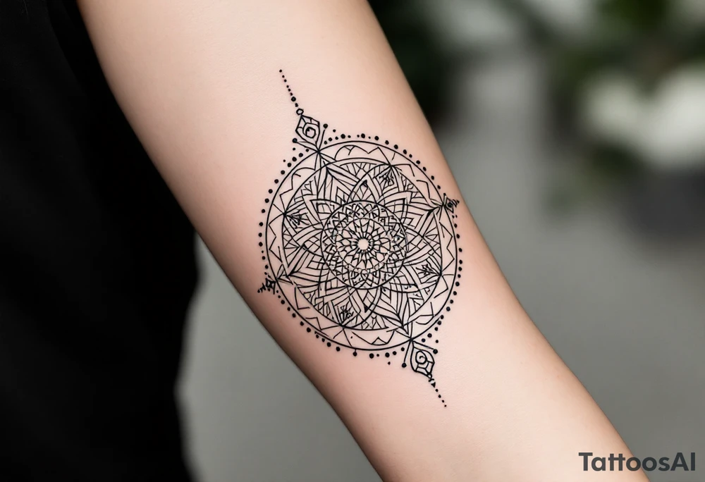 fine-line tattoo, sacred geometry mandala, centerpiece design, dotwork patterns, radiating geometry, symmetrical mandala, geometric shapes, intricate dotwork, sacred patterns, mandala center, geometric radiating, fine line work, black grey shading, minimalist design, no outlines, arm placement, delicate linework, precise geometry, clean symmetry, sacred symbols, geometric precision, dotwork details, mandala focal point, refined patterns, understated complexity, geometric harmony
\ tattoo idea