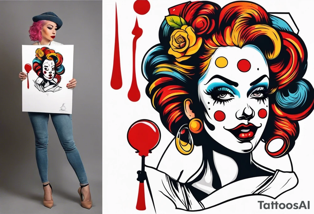 full body female pin up clown holding knife tattoo idea