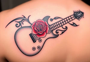 A detailed electric guitar with silver strings, draped in chains, with a rose blooming from the neck, symbolizing the power of love and music together tattoo idea