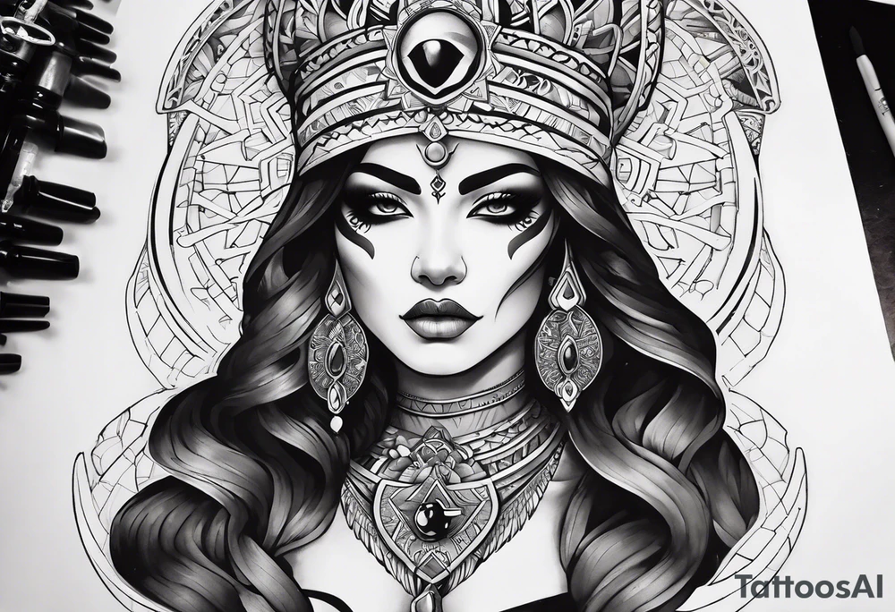 kali ma, alien goddess, valkrye, aries, pirate, divine feminine, zenza resonance, pachamama, lotus azul, blank panther, eagle, skull, 5D, nueva gaya, dna 12, left side chest tatoo tattoo idea