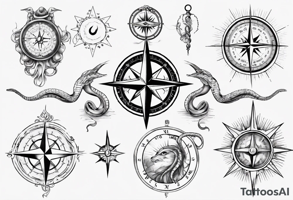 Compass tatoo with sun, Gemini , angels and snake tattoo idea