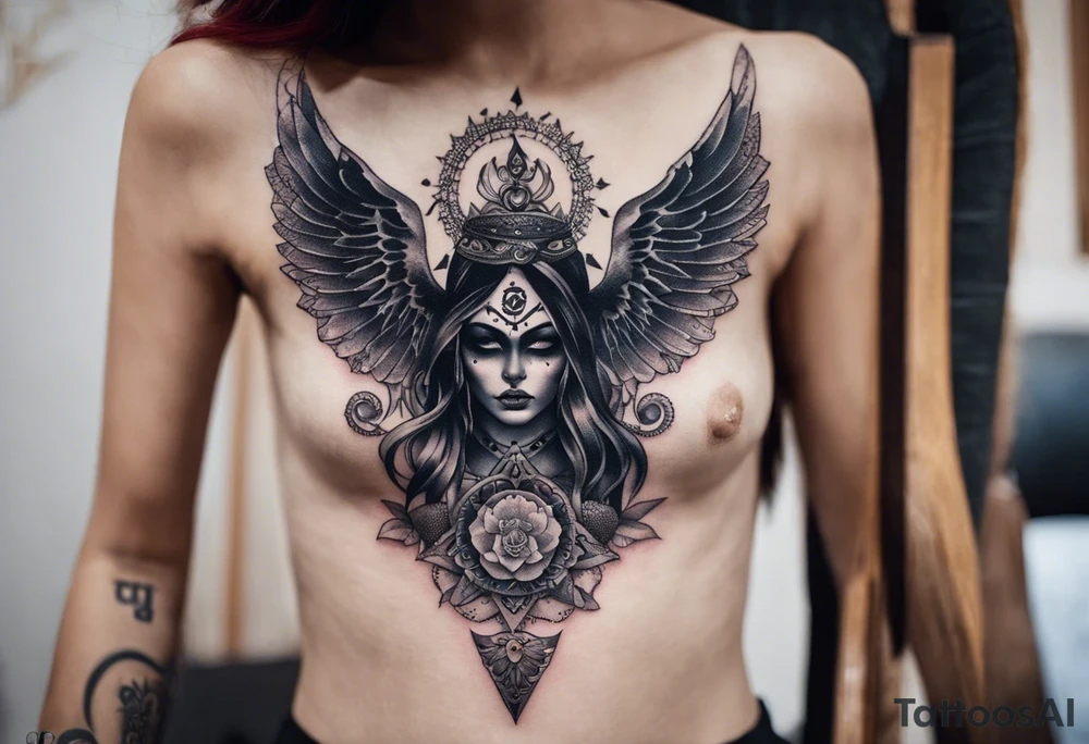 black kali, goddess pirate, alien, angel, pachamama, valkrye, warrior, flying, skull, lotus azul, wing, eagle, zenza resonance, stars, 5D, anahata chakra, death, durga, riding on a tiger, flying lady, chest tatoo tattoo idea