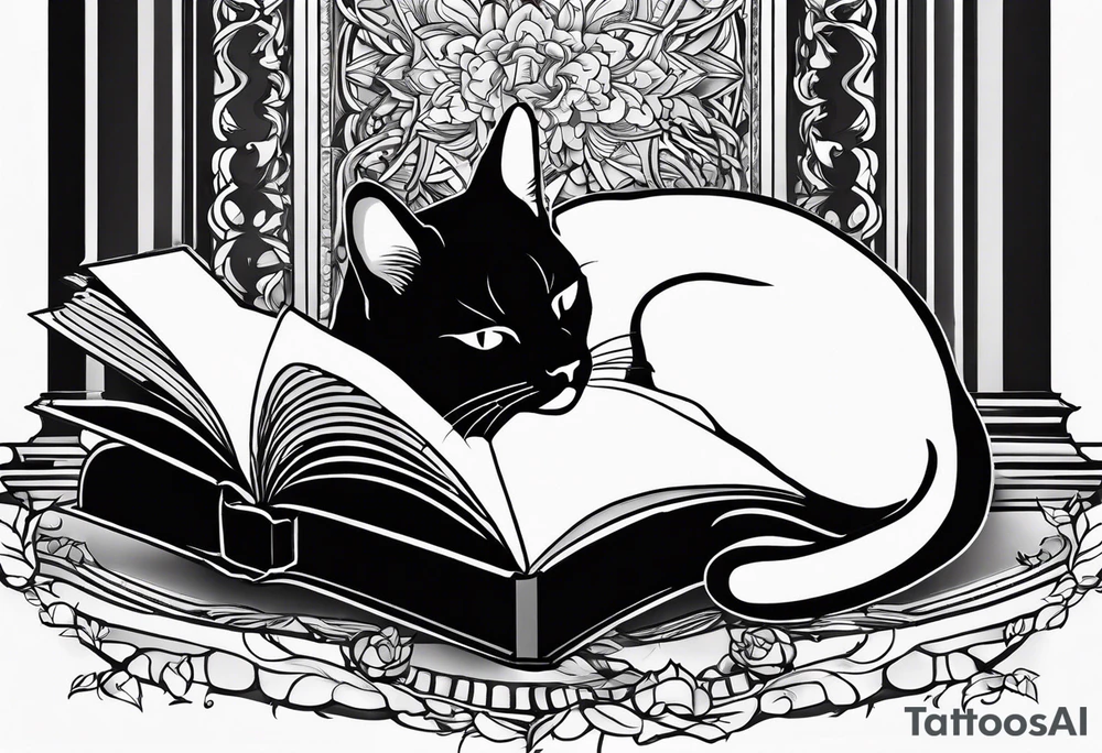 black sillhouette cat sleeping with a book sleeve tattoo tattoo idea
