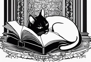 black sillhouette cat sleeping with a book sleeve tattoo tattoo idea