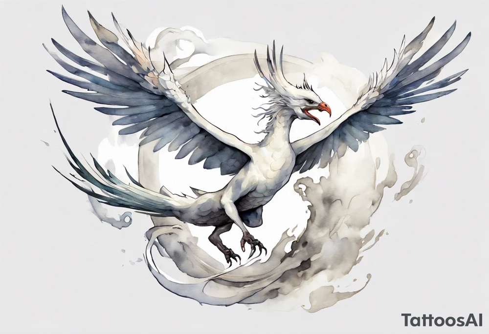 a white bird-serpent hybrid, wearing a pewter crown on its head, flying in the air tattoo idea