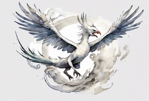 a white bird-serpent hybrid, wearing a pewter crown on its head, flying in the air tattoo idea
